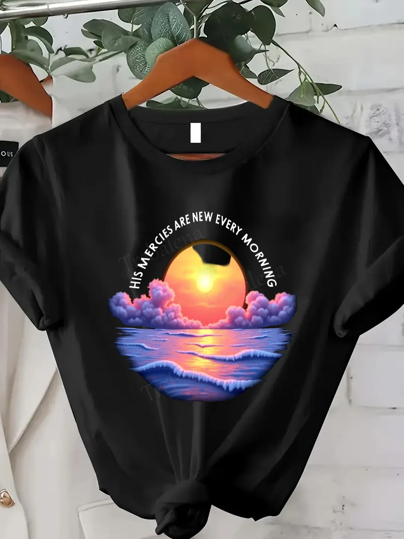 

Women T-shirt Sunrise Ocean T-Shirt "His Mercies Are New Every Morning" Faithful Women's Tee
