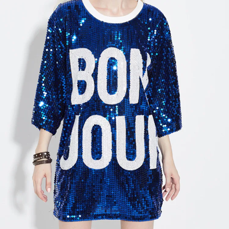 Fashion stage sequin performance mid length seven quarter sleeve round neck pullover top performance