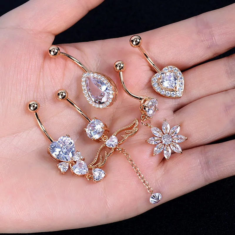 Belly Button Rings Stainless Steel Butterfly Wing Flower Zircon Dangle for Women Belly Navel Rings Body Belly Piercing Jewelry