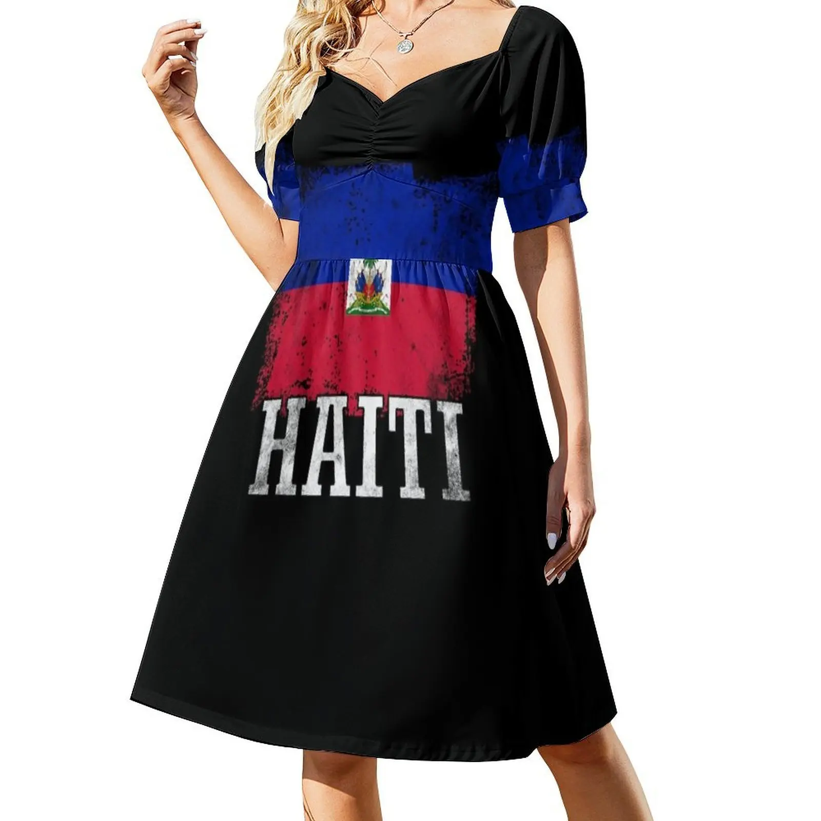 Casamentos haitianos Haiti Bandeira Floral Vestido Smock Para As Mulheres Primavera Verão Vestido Casual Para Festa Haitiano Amor Haiti Haiti Haiti