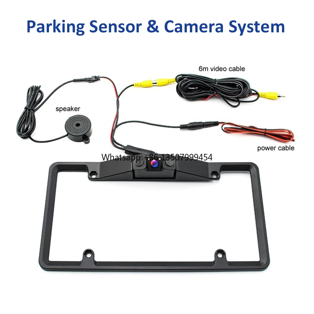 

3-in-1 US License Plate Frame Backup Camera with Parking Sensor, 170° Wide Angle Night Vision Rear View Camera for Car