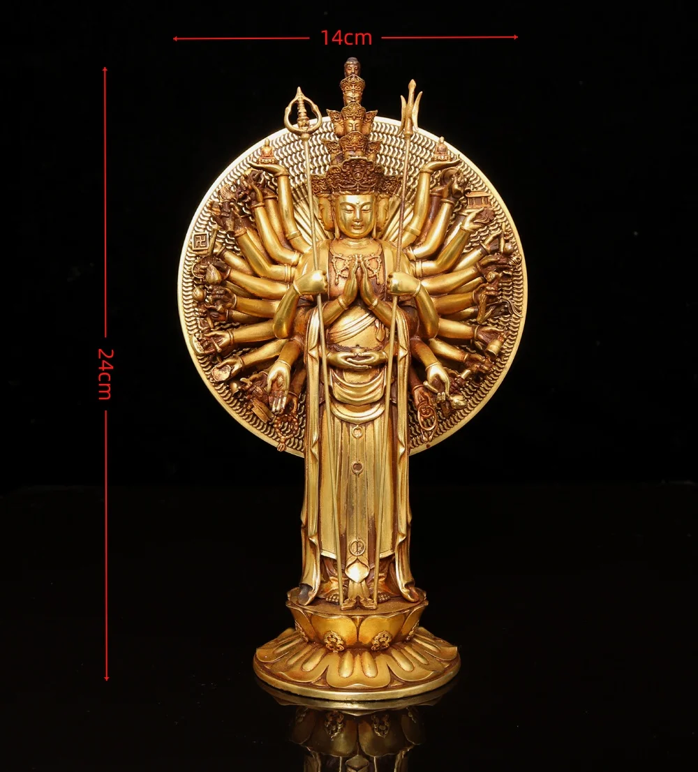 

9"Tibetan Temple Collection Old Purple Bronze Gilded High Relief Thousand Hand Guanyin Buddha Backlight 1000 arms Worship Hall
