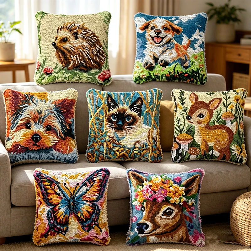 Pet Dog Latch Hook Cushion Kit Yorkshire Terrier Puppy Siamese Cat  Butterfly Floral Pattern DIY Needlework Pillow Making Kit