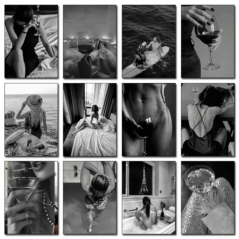 Black and White Woman Drinking Wine Sex Girl Poster Print Canvas Art Pictures Home for Living Room Wall Decor Frameless Paint