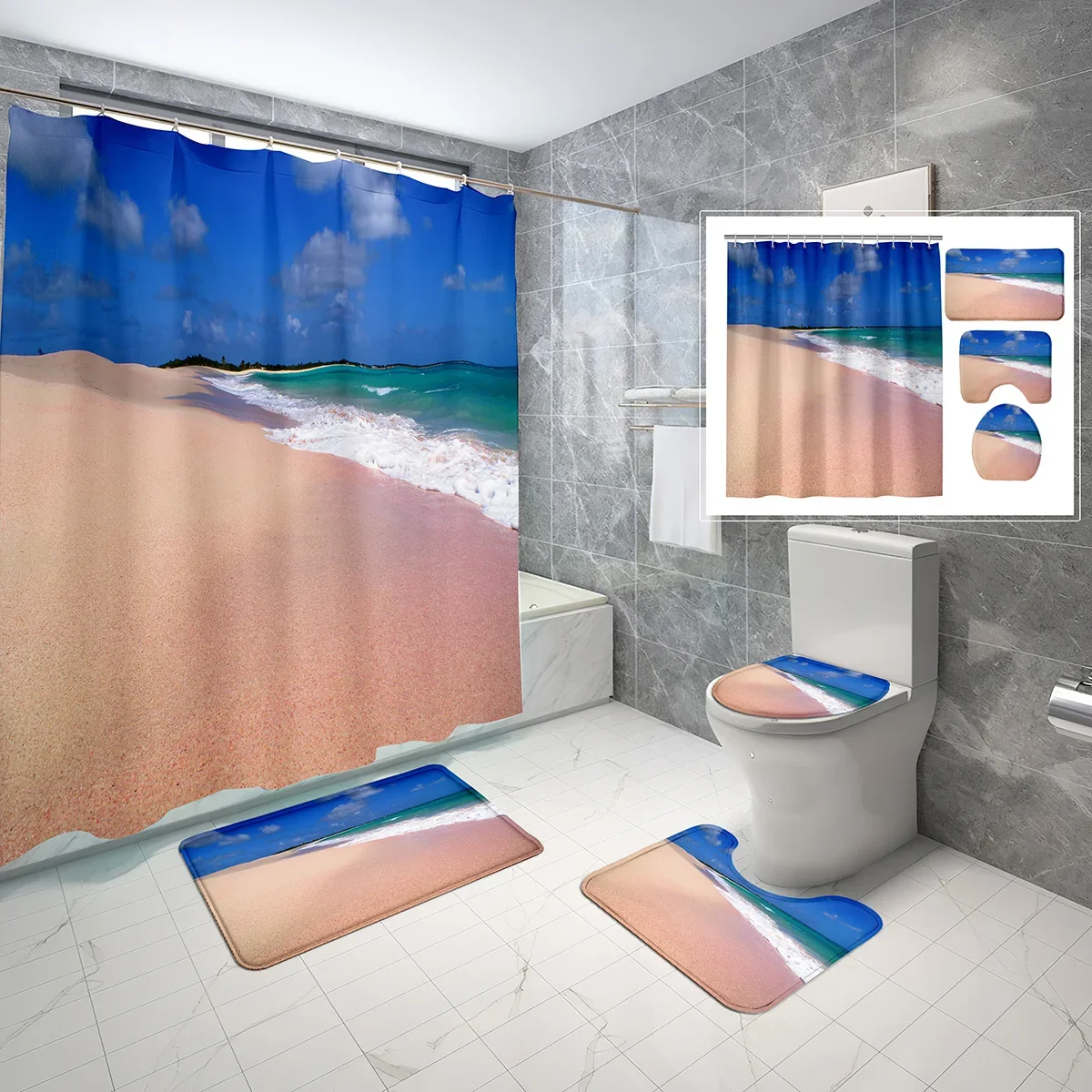 4 Pcs Ocean Beach Theme Shower Curtain,Summer Hawaii Scenery Bathroom Curtain with Hooks Non-Slip Bath Mat and Toilet Lid Cover