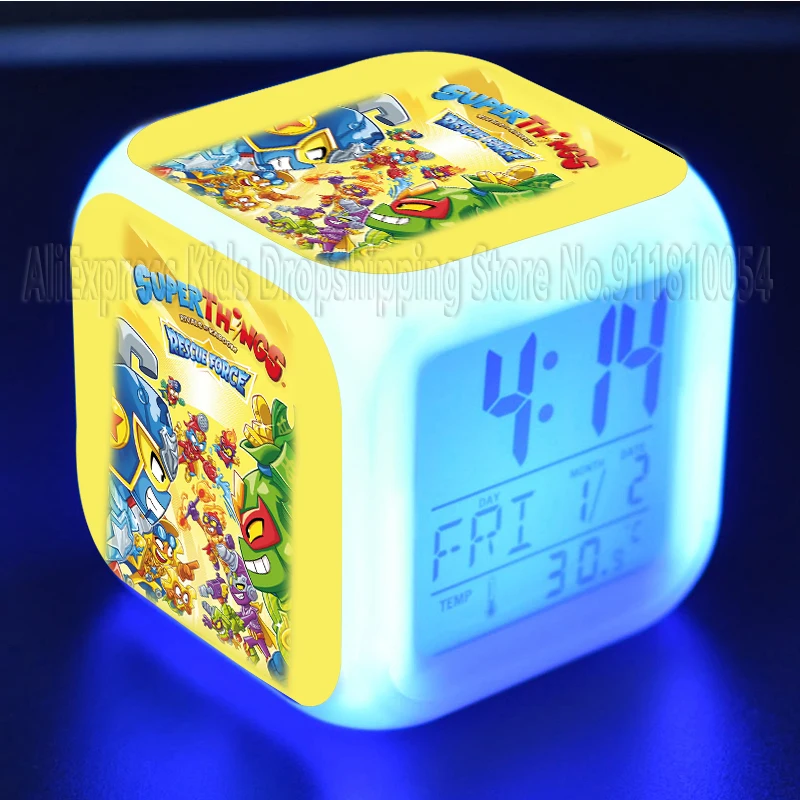 SuperThings 10 Rescue Force Alarm Clock LED Colorful Mute Luminous Electronic Clock Mini Table Reloj Clock With Thermometer