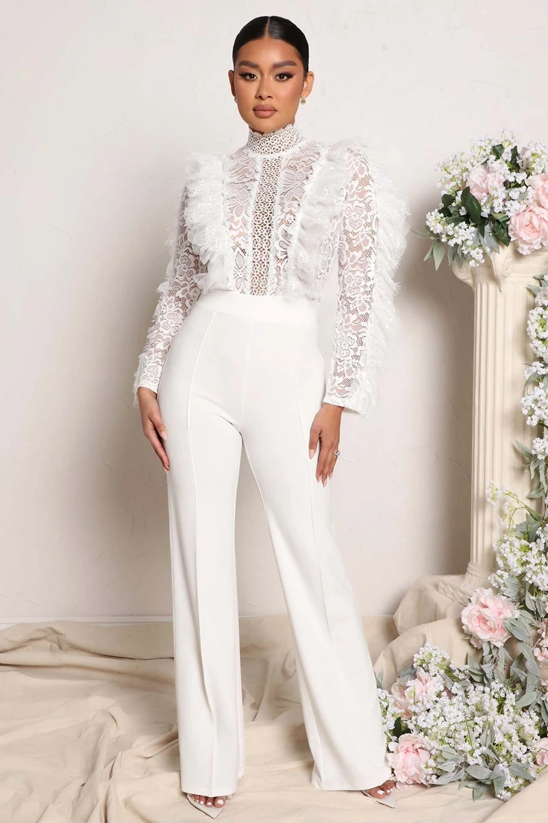 Elegant Lace Stiching Patchwork Wedding Evening Jumpsuit Long Sleeve Ruffle Sexy See Through One Pieces Party Overalls Rompers