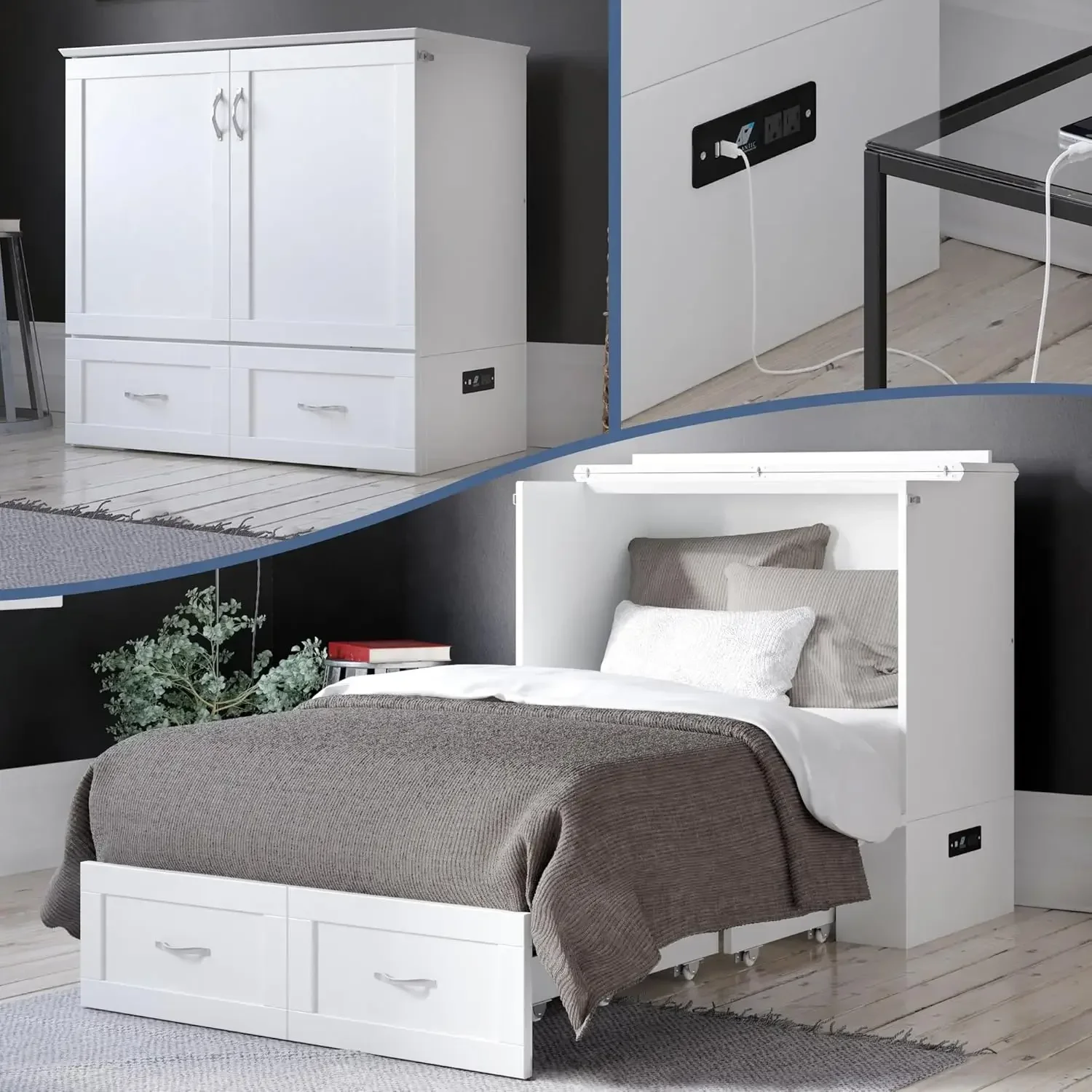 

Hamilton Twin XL Murphy Bed Chest with Mattress, Storage, and Built-in Charger in White