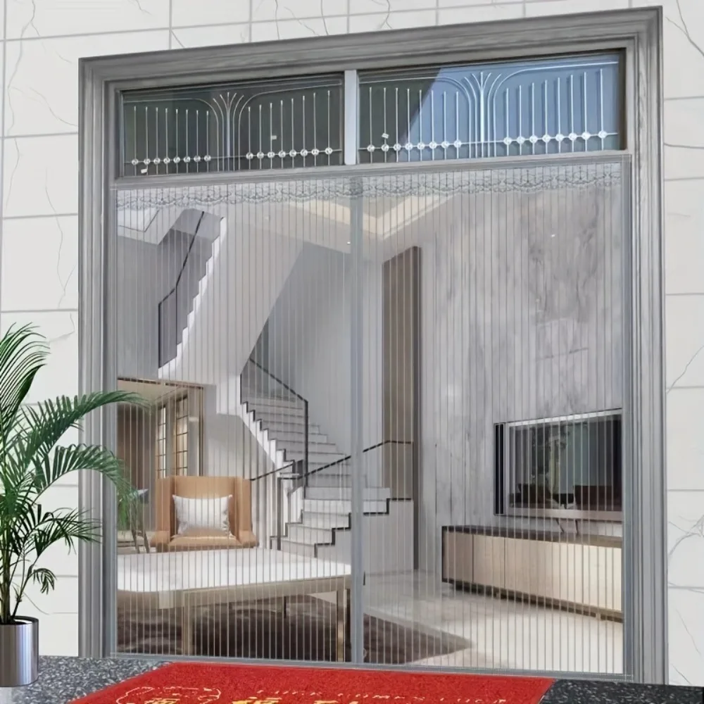 Modern Style Polyester Door Curtain, Magnetic Closing Design, Grey Mosquito Screen, Suitable for Bedroom, Etc