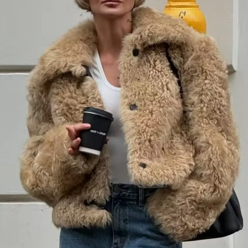 

Зимняя куртка из искусственного меха в европейском стиле с воротником и длинными рукавами, женская однобортная верхняя одежда из искусственного меха, куртки, пальто, топы