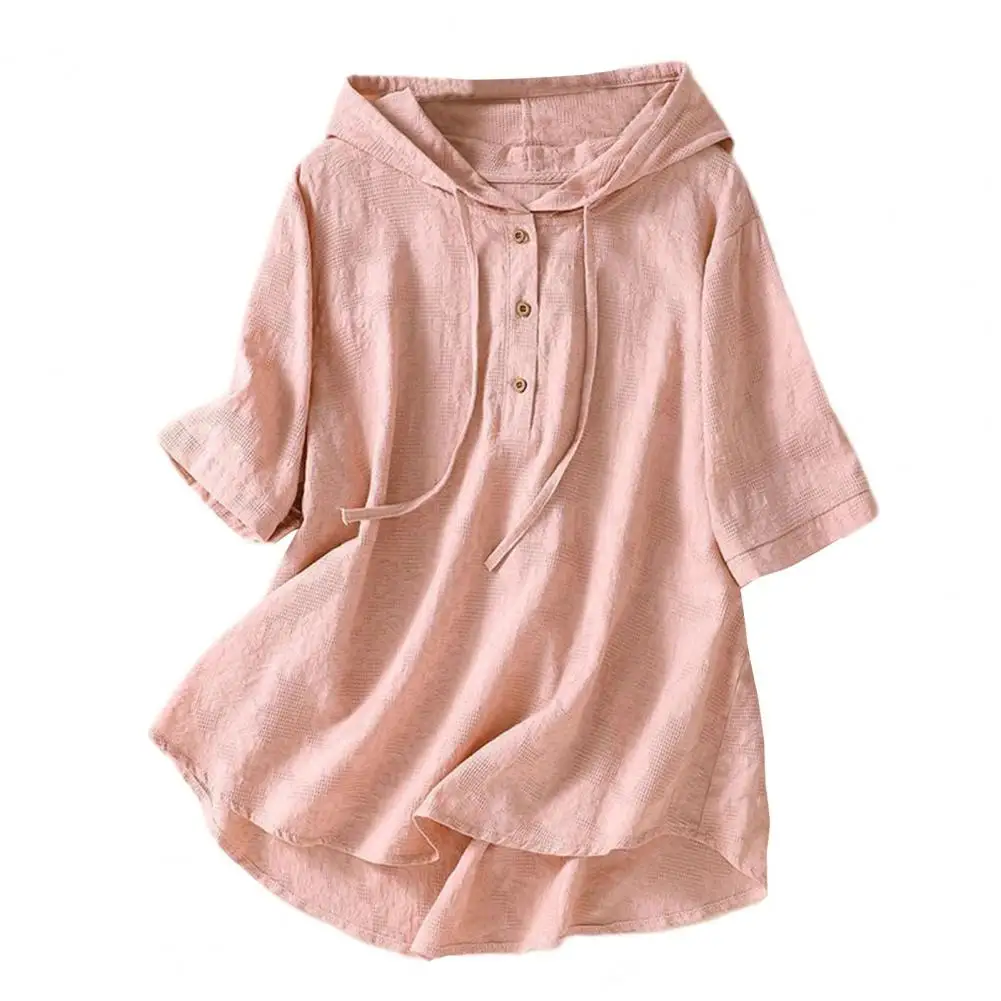 Hooded Short-sleeve Blouse Vintage Half Sleeve Hooded Shirts Women's Embroidered Loose Fit Blouse with Lace-up Detail Drawstring