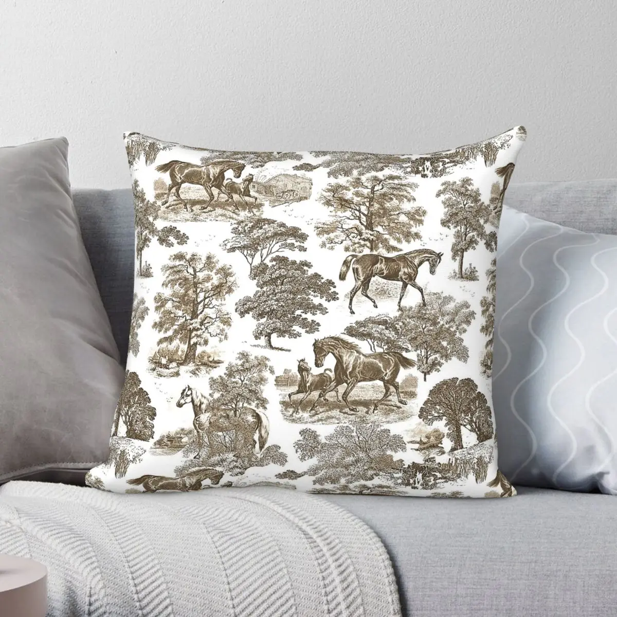 Rustic Beige Gold Toile Horses Square Pillowcase Polyester Linen Velvet Pattern Zip Decor Sofa Seater Cushion Case 45x45