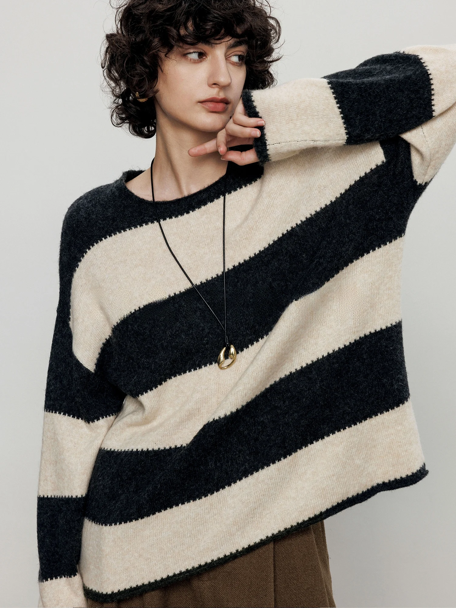 

Maiher Wool Blend Knitwear Casual round Ne Pullover Women's Autumn Winter Stripe Sweater Loose Fit Comfortable Sle