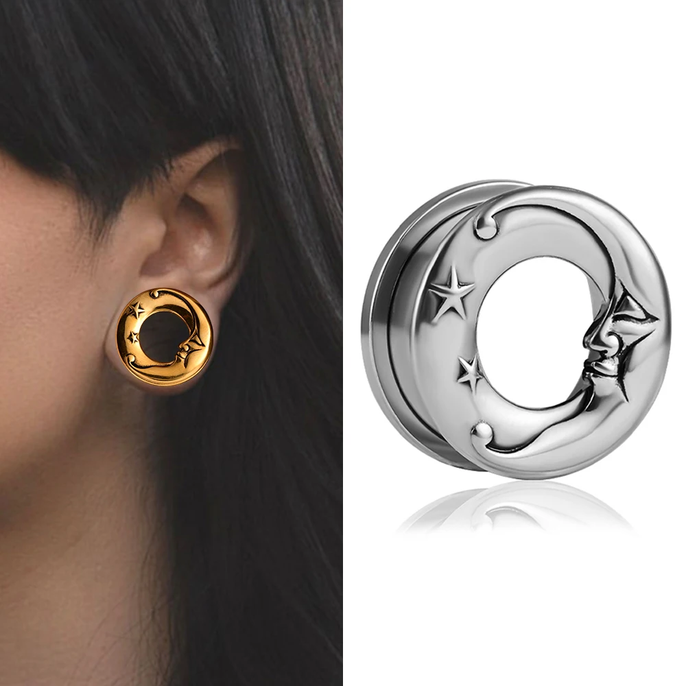 Doearko 2PCS Fashion Moon Ear Plugs Gauges Expander Stainless Steel Tunnels Stretcher 8mm-25mm Body Piercing Jewelry Gift