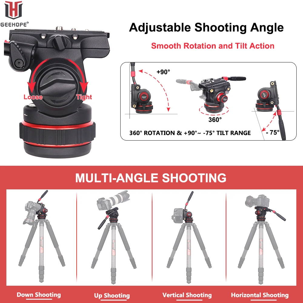 Geehope DF-12D Videokamera Stativ Flüssigkeits kopf mit flacher Basis und verstellbarem Griff, für Stativ, Ein beins tativ und DSLR, Maxload 12kg