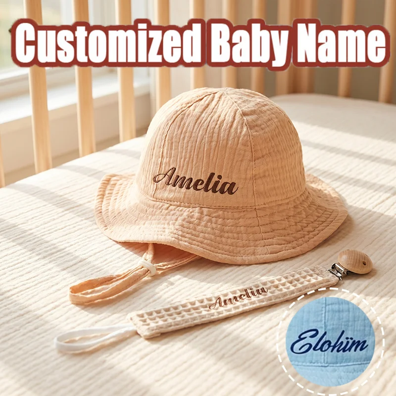 

2Pcs Personalized Embroidered Name Baby Hat & Pacifier Clip Set Organic Cotton Adjustable Sun Hat Baby Shower Gift