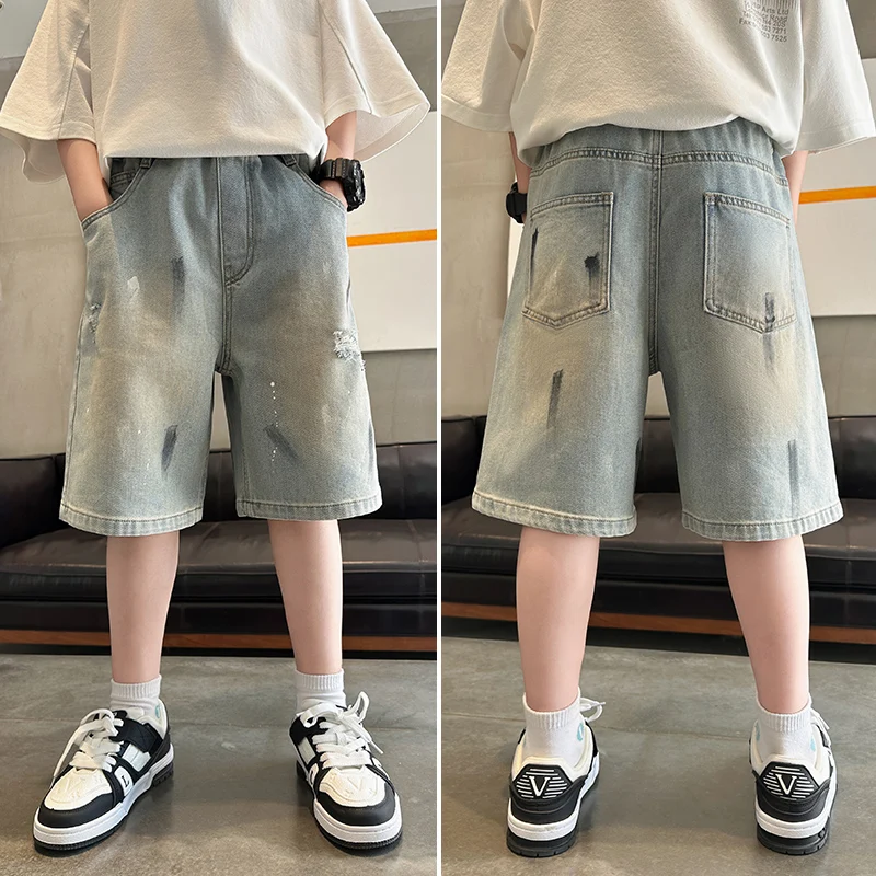 New Summer Teenage Boys Denim Shorts With Drawings Classic Blue Fashion Elastic Waist Ripped Jeans Shorts Kids Clothes 5 to 14 Y