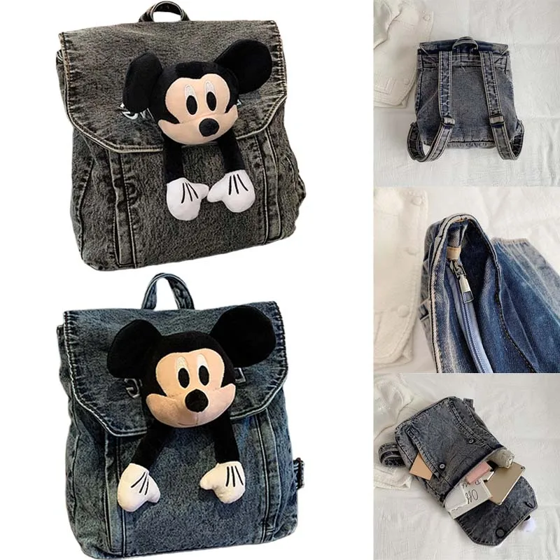 

Disney Mickey Mouse Backpack Vintage Washed Denim Backpack for Men Women Large-Capacity Travel Backpack Decorative Accessories