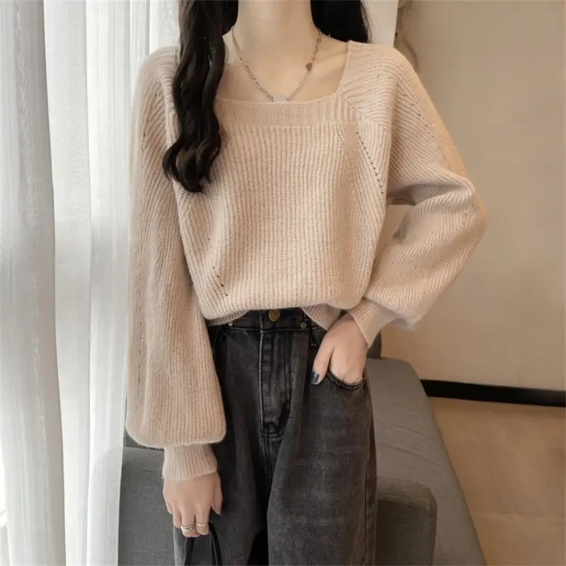 Women Autumn Simplicity Temperament Loose Solid Color Square Collar Long Sleeve Knitwear Ladies Fashion All-match Knitting Tops