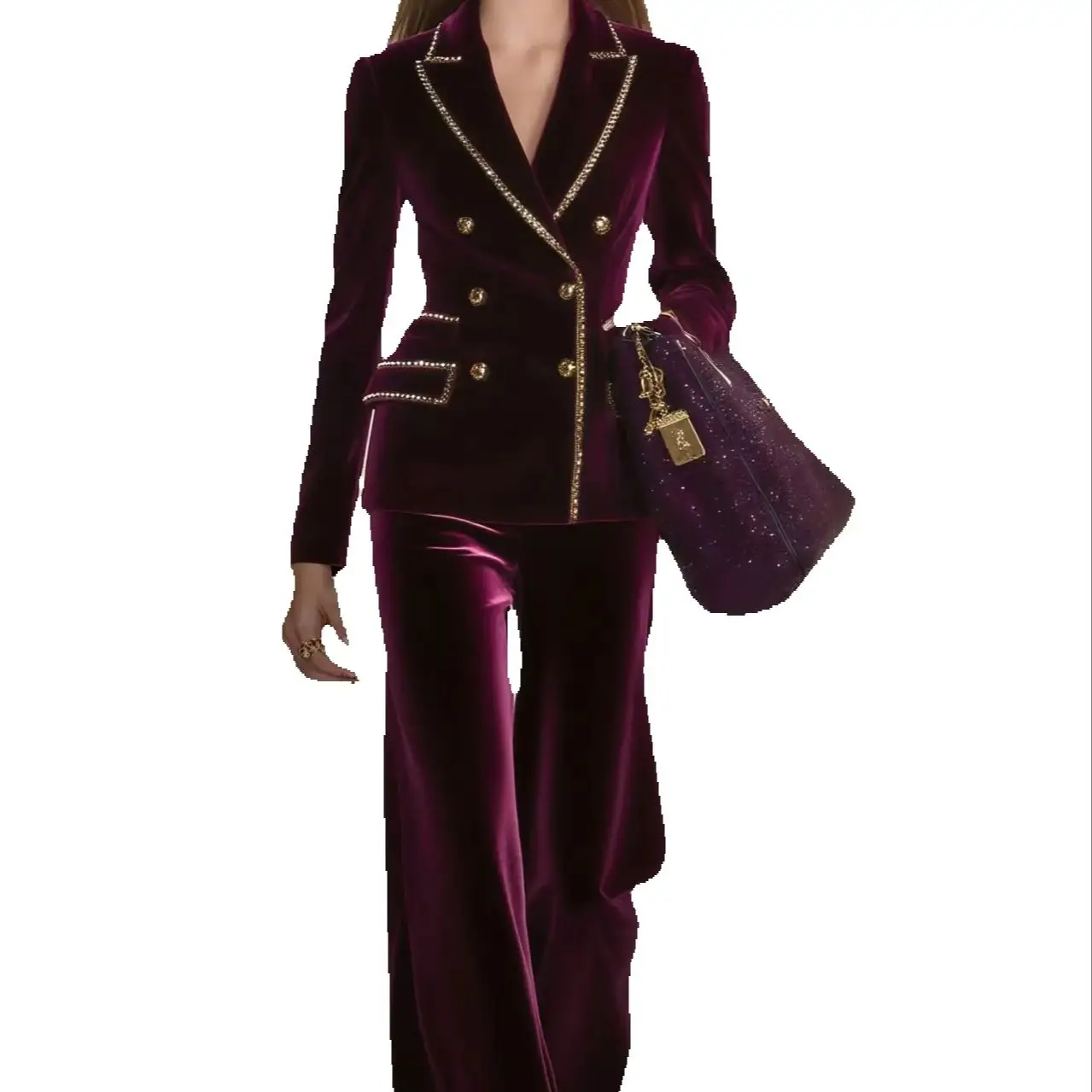 الأرجواني المخملية المرأة البدلة مجموعة 2 قطعة السترة الكريستال + بانت قصير مكتب رسمي سترة حريمي مخصص الخريف الزفاف ضيف حفلة موسيقية معطف #2