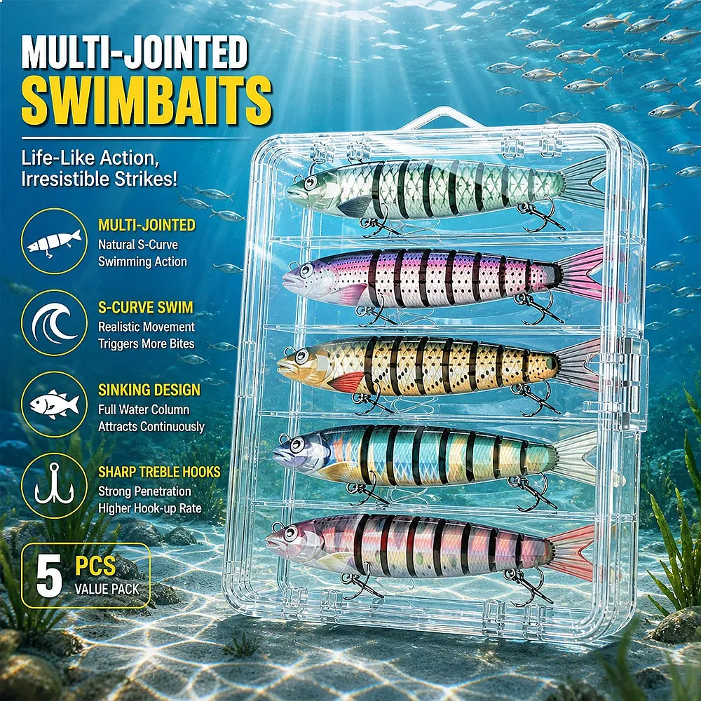 8-Jointed Swimbait 3/5/10 Pack Segmented Hard Bait Low-Frequency Rattle 3D Eyes for Walleye Trout in River Current