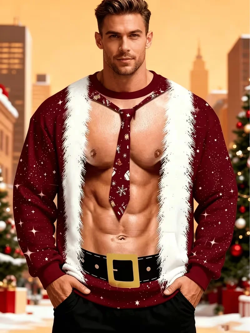 Divertido y sexy suéter navideño con motivos de Papá Noel, diseño de cuerpo musculoso en 3D, disfraz navideño, jersey de manga larga, ropa para hombre.