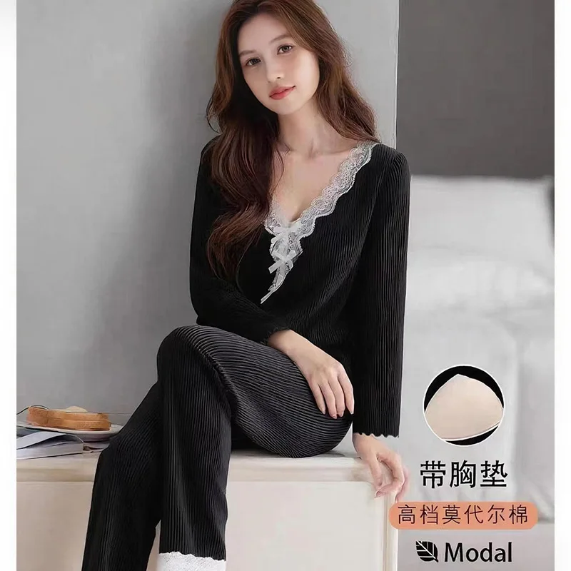 

Korean Reviews Many Pajamas Modal Cotton Lace Sleepwear Set Comfort Autumn Winter Women's Pajamas Suit Pyjama Femme Ensemble