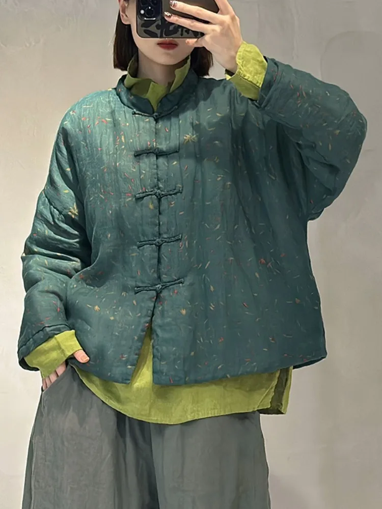 

Тонкий хлопковый женский зимний топ ручной работы с цветочным принтом и пуговицами, свободный крой, ткань с принтом, не капюшон, одна пуговица