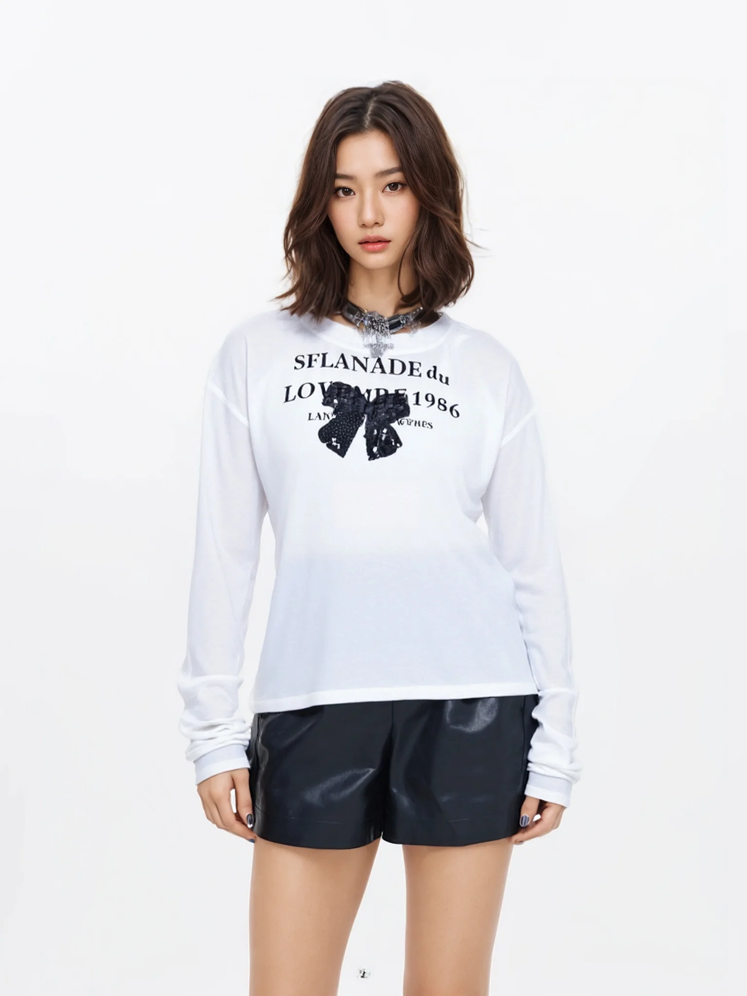 

Spring Summer Letter Long Sve T-irt Women's Slim Faion Versatile White Base irt Casual Sle Cotton Blend