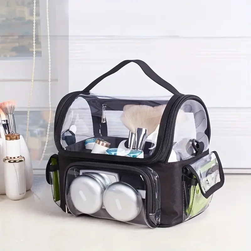 Black Travel Transparent Large Capacity Professional Makeup Artist Beauty Bag, Multifunctional Grooming And Storage Bag