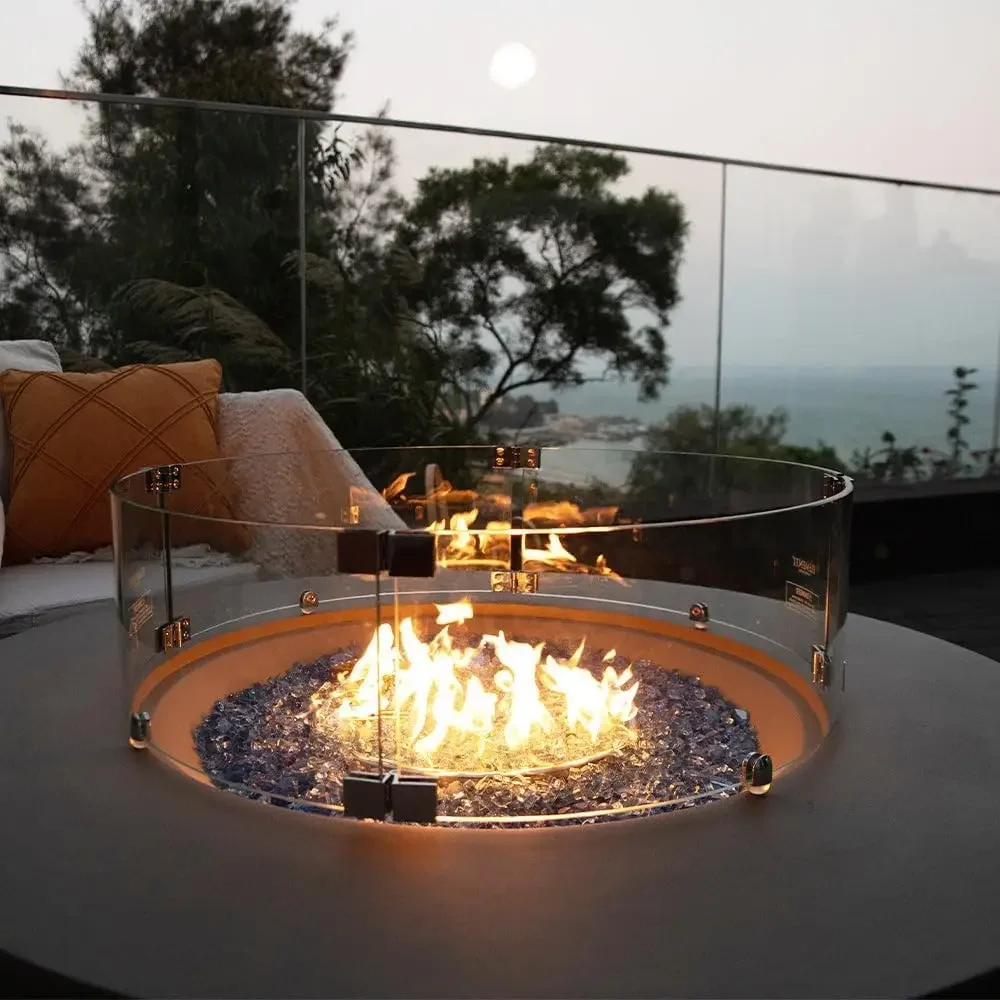 Elementi Plus Glass Wind Screen Outdoor Firepit Bowl Wind Guard Round Clear Fire Pit Glass Guard Fireplace Screen Tempered Glass