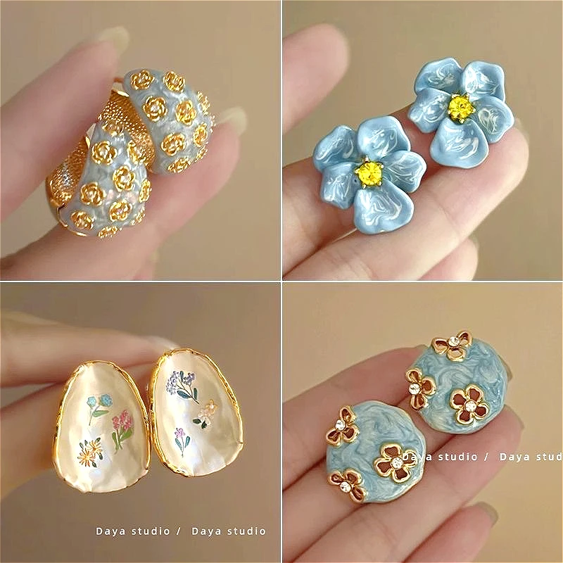 أقراط إبرة فضية S925 مبتكرة لعام 2026 - زهور مزججة غير منتظمة، زركون فرنسي قديم، هدية مجوهرات باللون الأزرق الضبابي