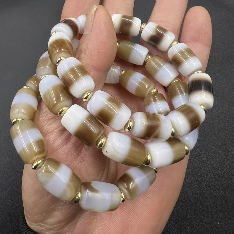 Old Agate Beads Bracelet Men's Women's Brown First- Pharmacist Wide Line Black and White Bea