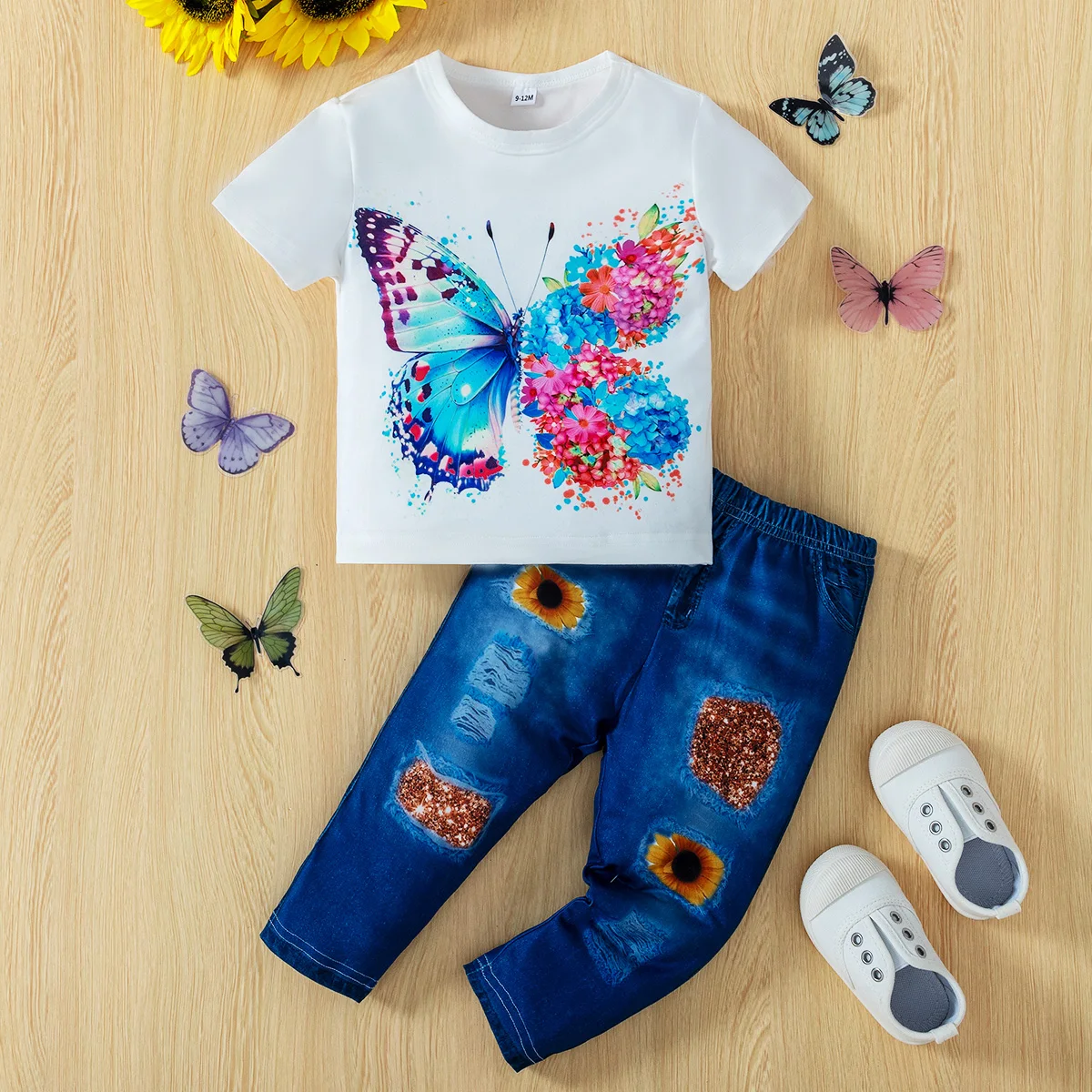 

Комплект футболки с цветочным принтом и рваными джинсовыми брюками с пайетками и подсолнухом для девочек