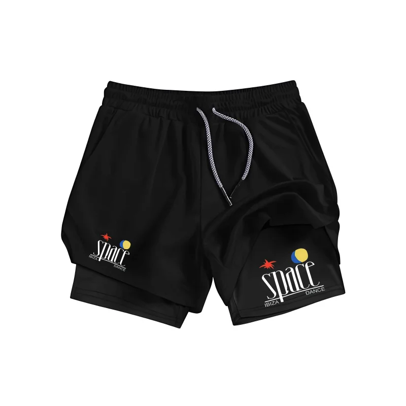 

Men'S Space Letter Printed 2-In-1 Quick Dry Breathable Sports Shorts For Fitness Running Training - Comfortable Sports Pants