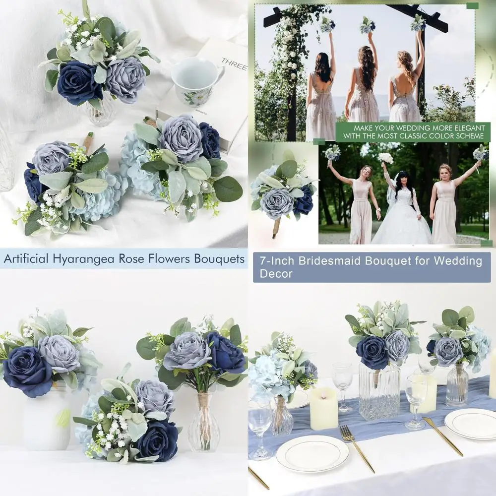 Set of 6 7-inch Artificial Navy Blue Bridesmaid Bouquets for Rustic Weddings, Small Floral Centerpieces, and Party Decor