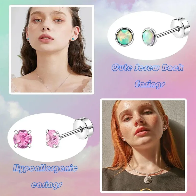 1 Pair Stainless Steel Hypoallergenic Round Zircon Tragus Cartilage Ear Piercing Opal Heart Flatback Stud Earrings Jewelry