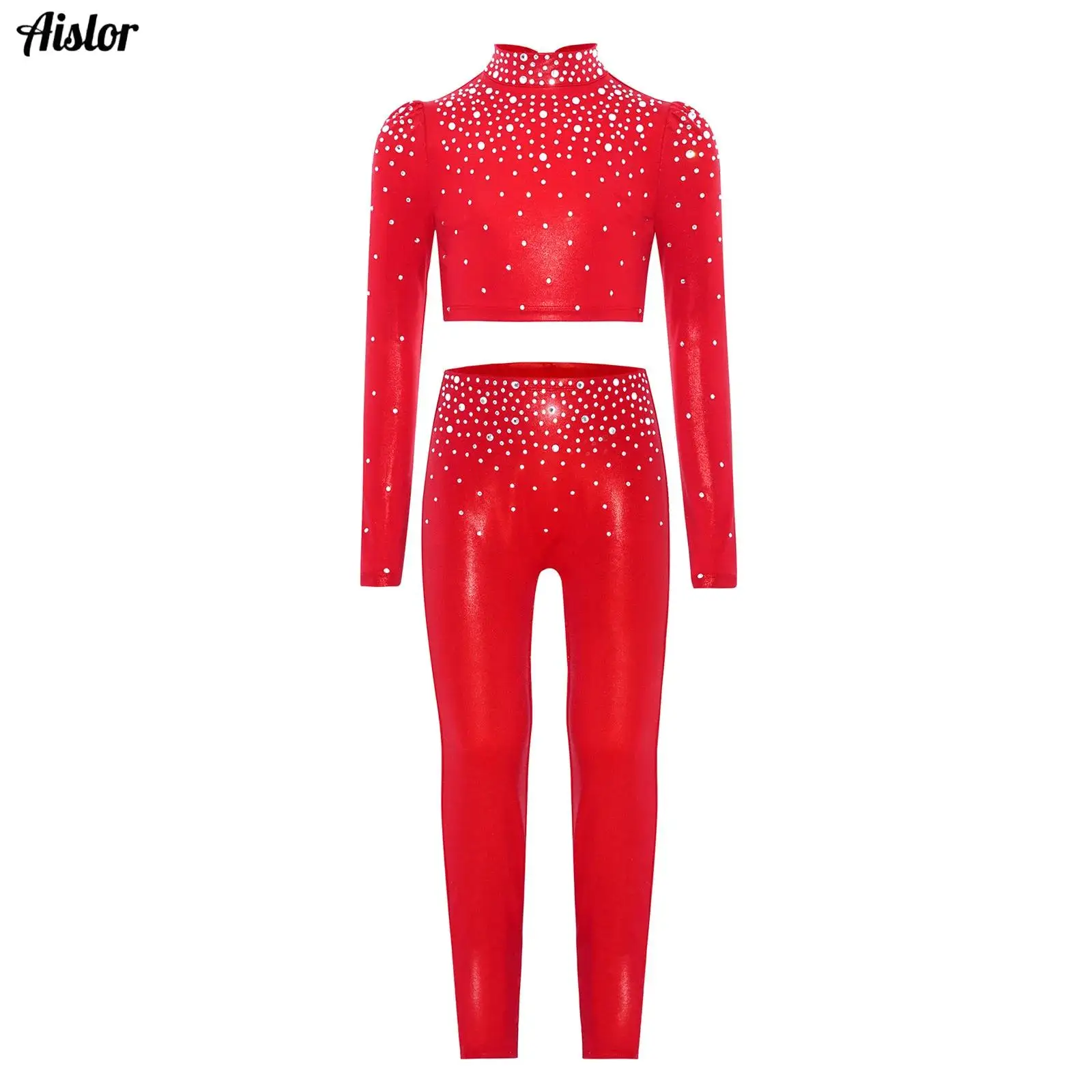 

Kids Girls Jazz Dance Performance Costume Mock Neck Long Sleeve Keyhole Back Sparkling Rhinestones Metallic Crop Top+Pants 2Pcs