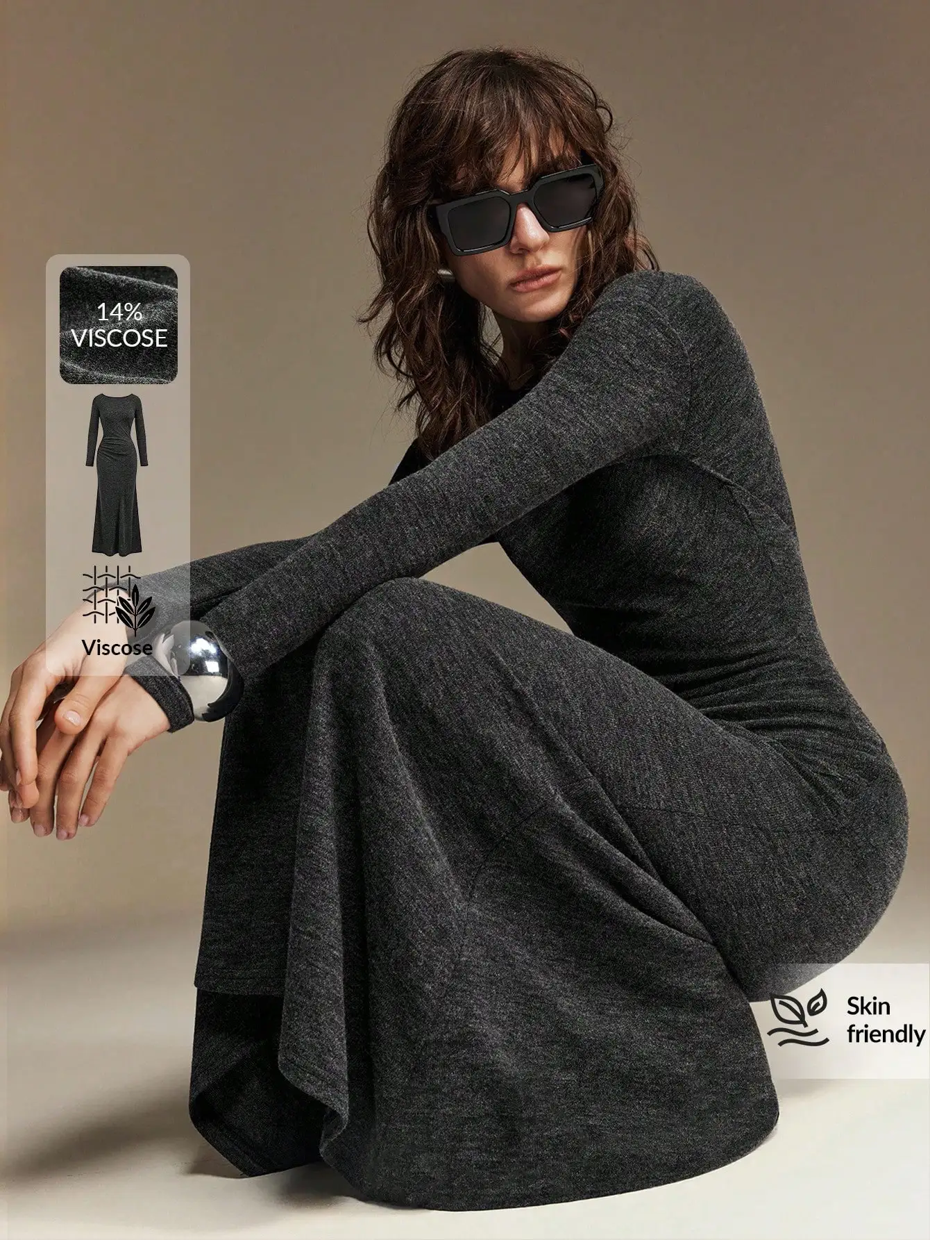 

Женское длинное платье из вискозы темно-серого цвета, силуэт с U-образным вырезом, облегающее, из мягкого трикотажа, в корейском стиле, для повседневной носки и вечеринок весной и летом