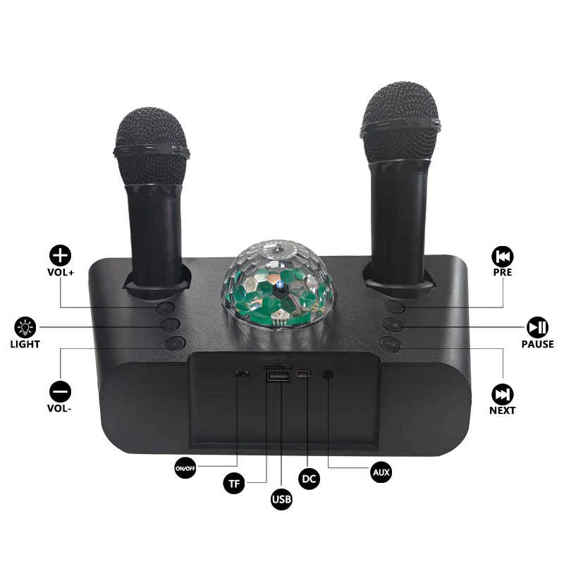 USB-C/Type-C Portable/Wireless/Compact Bluetooth/AUX Input Light up Disco karaoke speaker with dual microphone