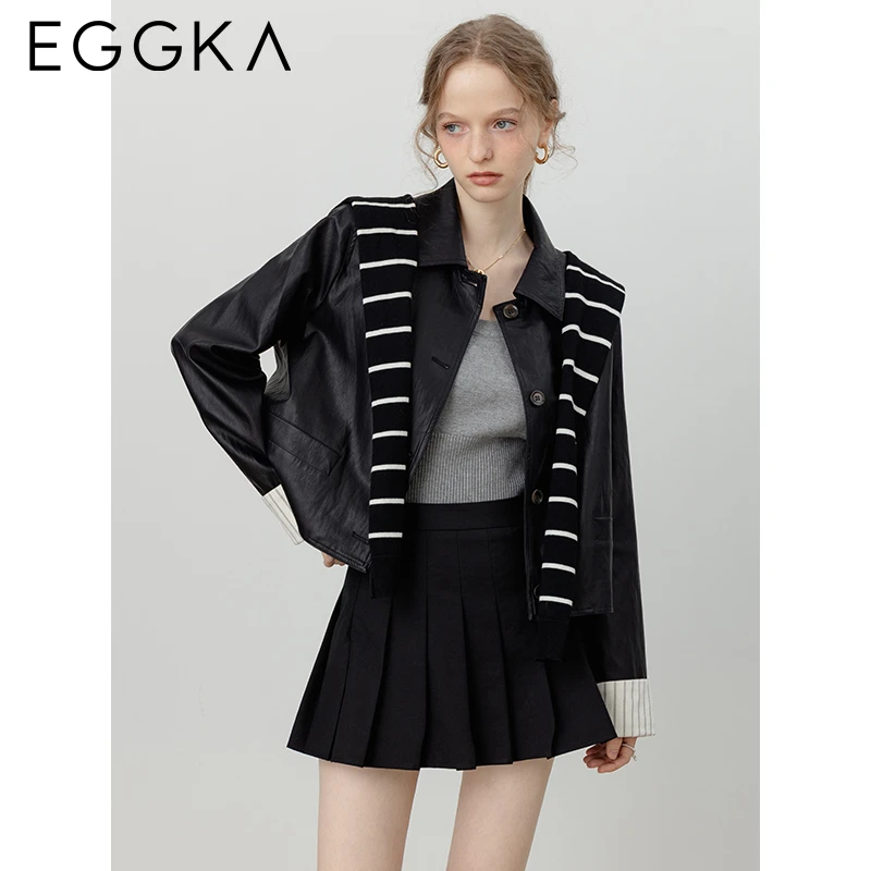 EGGKA Striped Patchwork Lapel Collar Leather Jacket Classic PU Jackets Retro Brown Short Jacket Women\'s Autumn Winter Y2k Coats