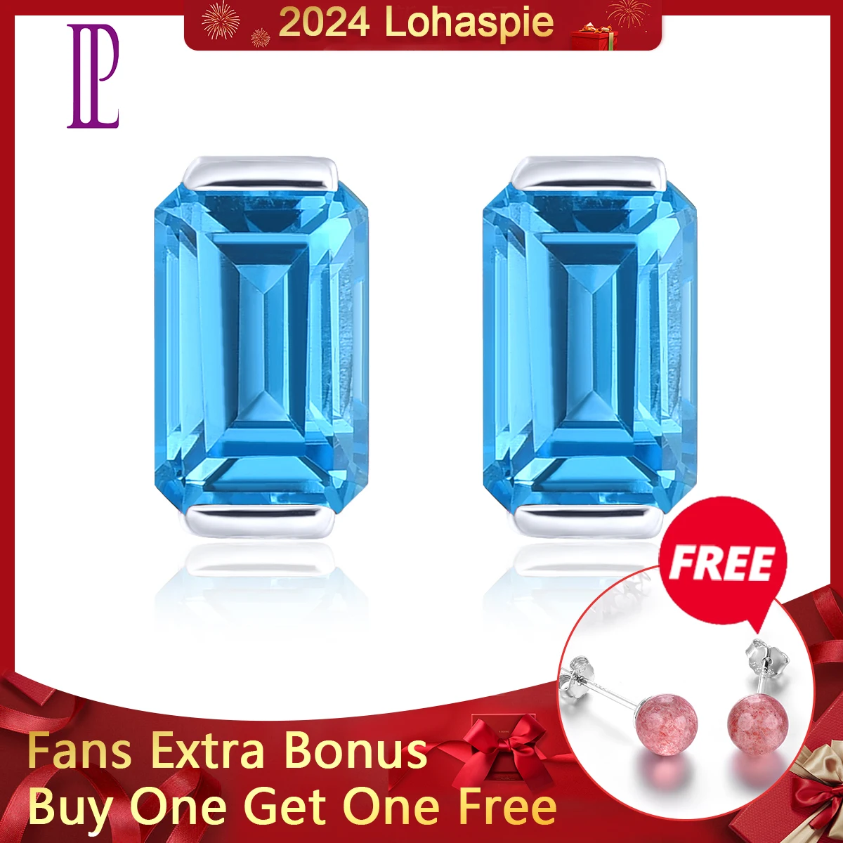 Lohaspie Natural Blue Topaz 9K Real Gold Stud Earrings 3.3 Carats Genuine Gemstone Classic Fine Jewelry Top Quality Women Gifts