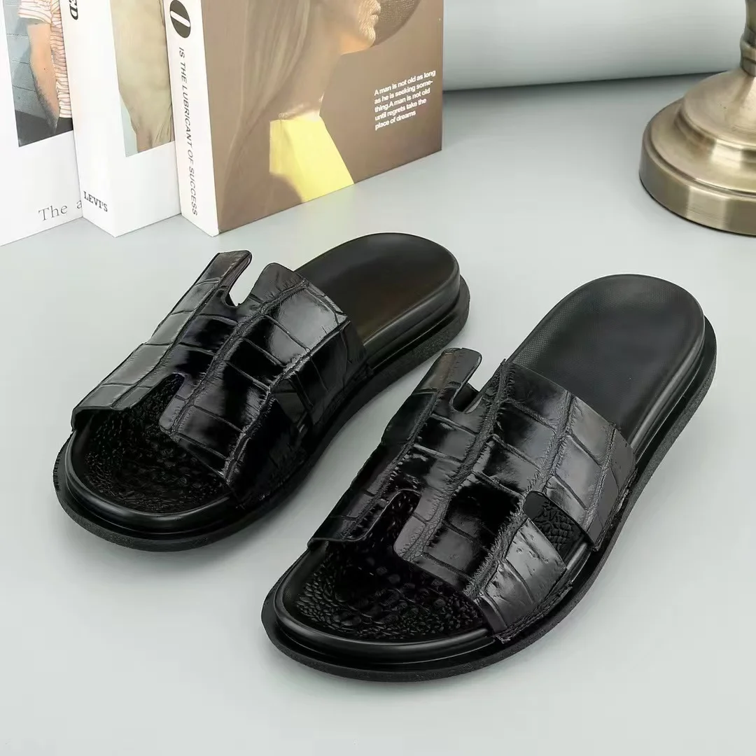 2026 Genuine real crocodile skin leather men summer shoe new fashion design home bedroom/ outdoor walking street slippers