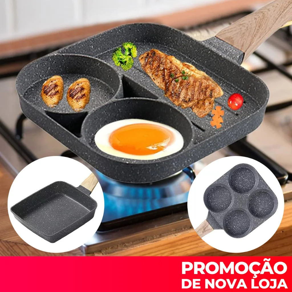 Frigideira Multifuncional Antiaderente 4 em 1 Ovos Hambúrguer Omelete Com Alça De Madeira funciona em fogão de indução frete grá