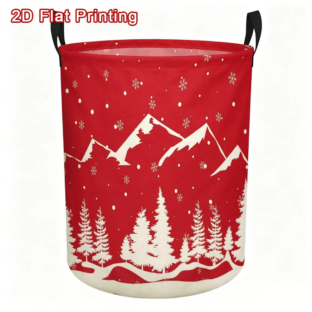 1pc, Festive Winter Snowy Forest Print Storage Basket, Polyemon Material with Red Background, White Snowflakes