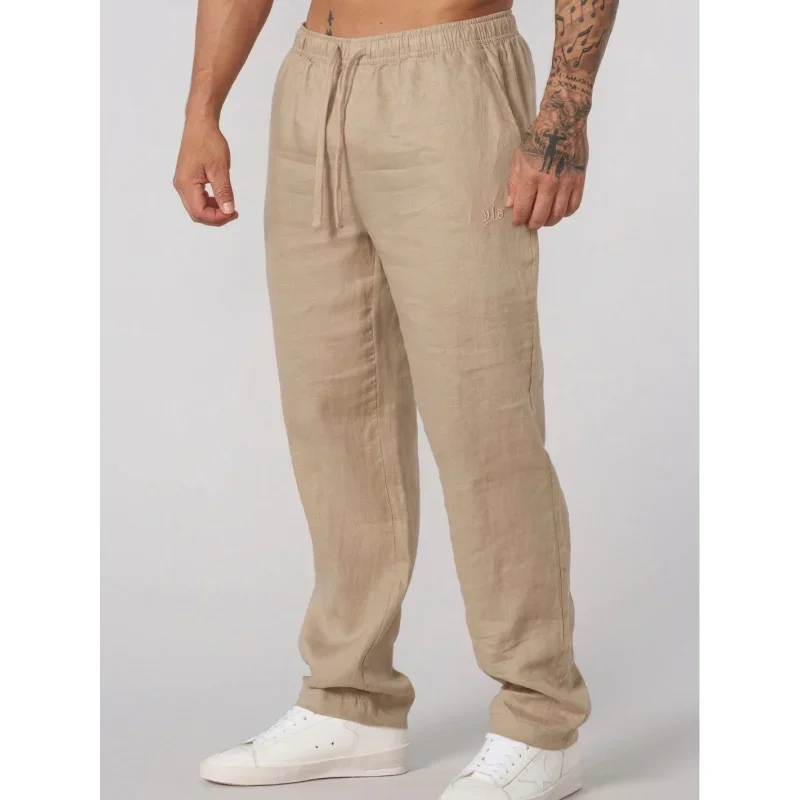 

Pop Spring Summer New Men's Linen Pants Trendy Brand Embroidery Lightweight Breathable Luxury Cool Vacation Casual Long Pants
