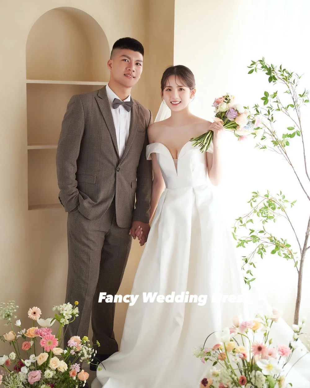 Fancy Korea Sexy V Neck Wedding Dress A Line Soft Satin Bridal Gown Off Shoulder Back Corset Customized 웨딩드레스