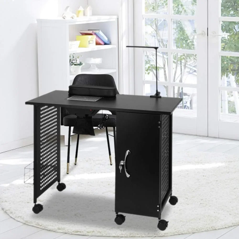 Manicure Table Nail Desk with Electric Downdraft Vent, Beauty Spa Salon Workstation Iron Frame with Lockable Cabinet