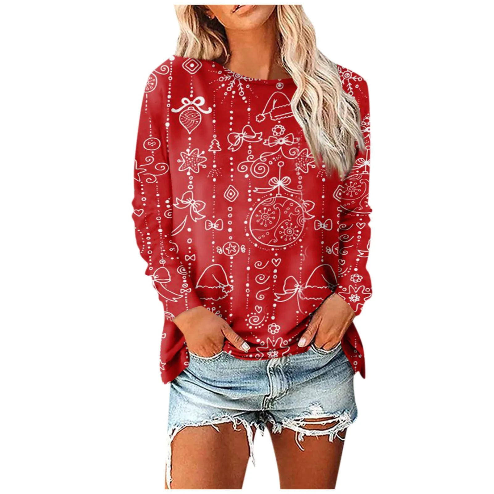 2023 Christmas snowflake and plaid women's autumn and winter printed long-sleeved round neck pullover large size sweatshirt