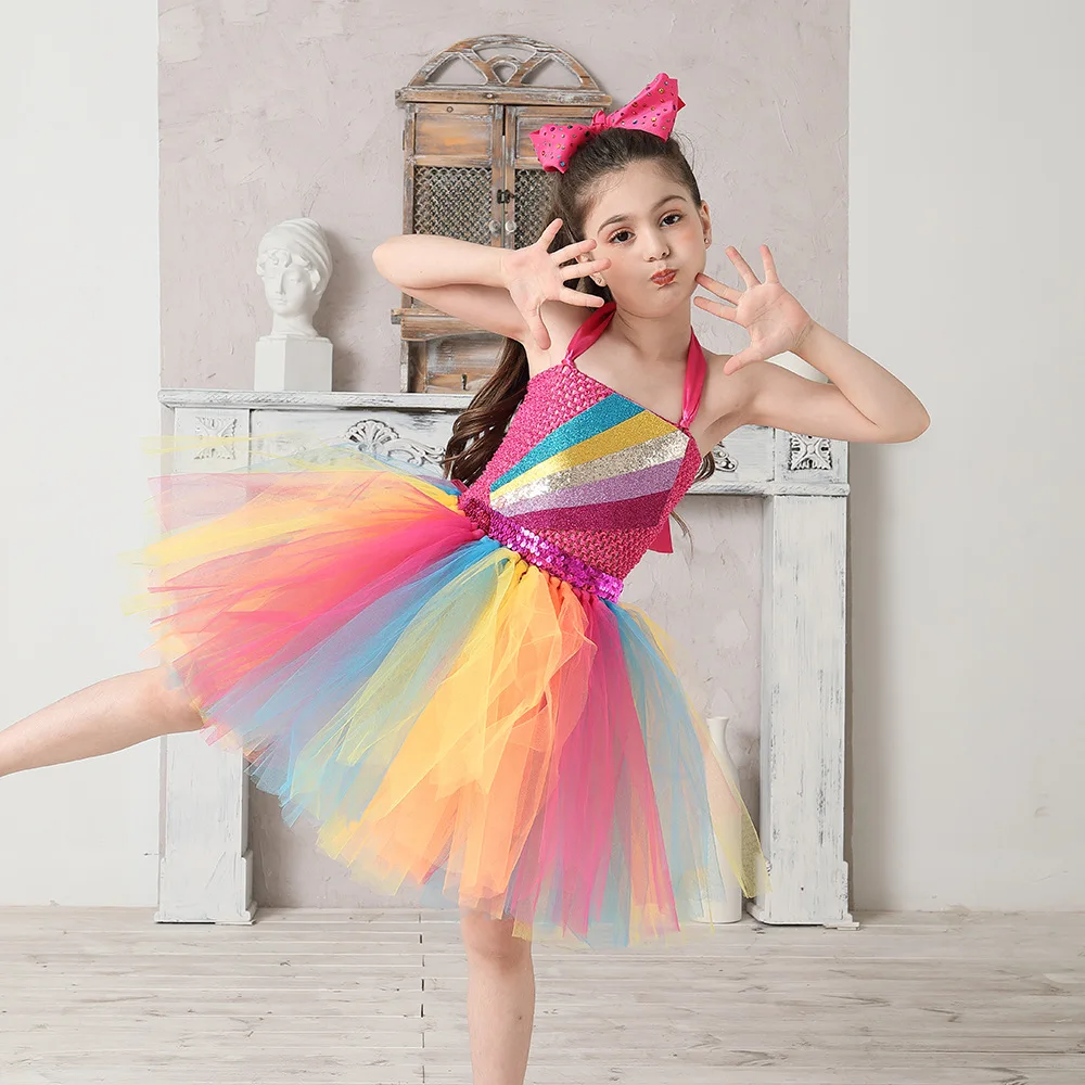 New Halloween Girls Rainbow Princess Tulle Tutu Dress Kids Multi-Colored Mesh Dress Flowy Tiered Sheer Outfit Long Mesh Attire